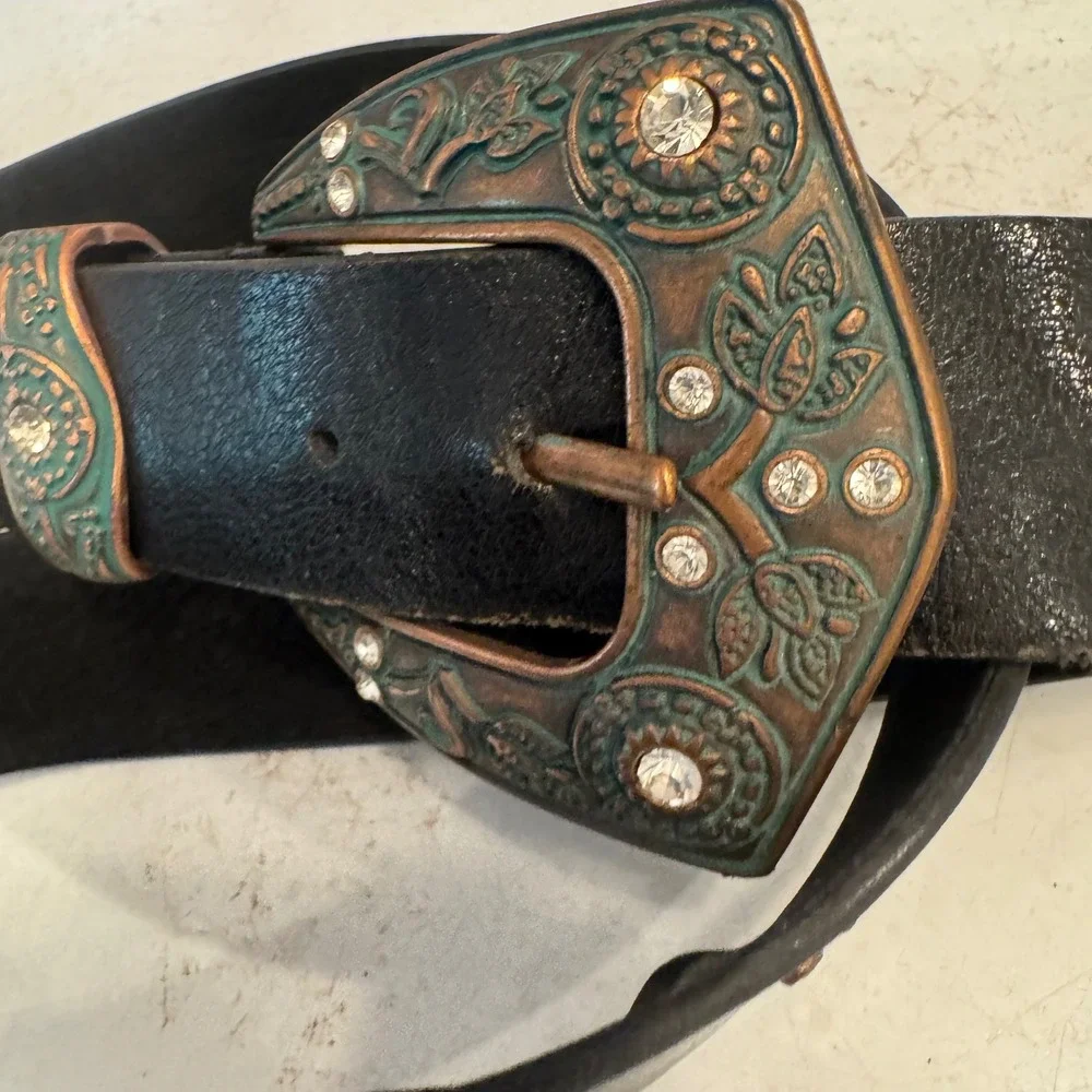 Steve Madden Leather Belt Women sz M Black Western Studded Rhinestone SM30566TJ